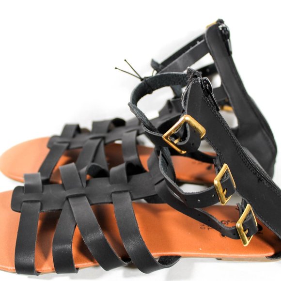 NWT Rue 21 Black Faux Leather High Ankle Strappy Gladiator Sandal Gold Buckles - Picture 4 of 7